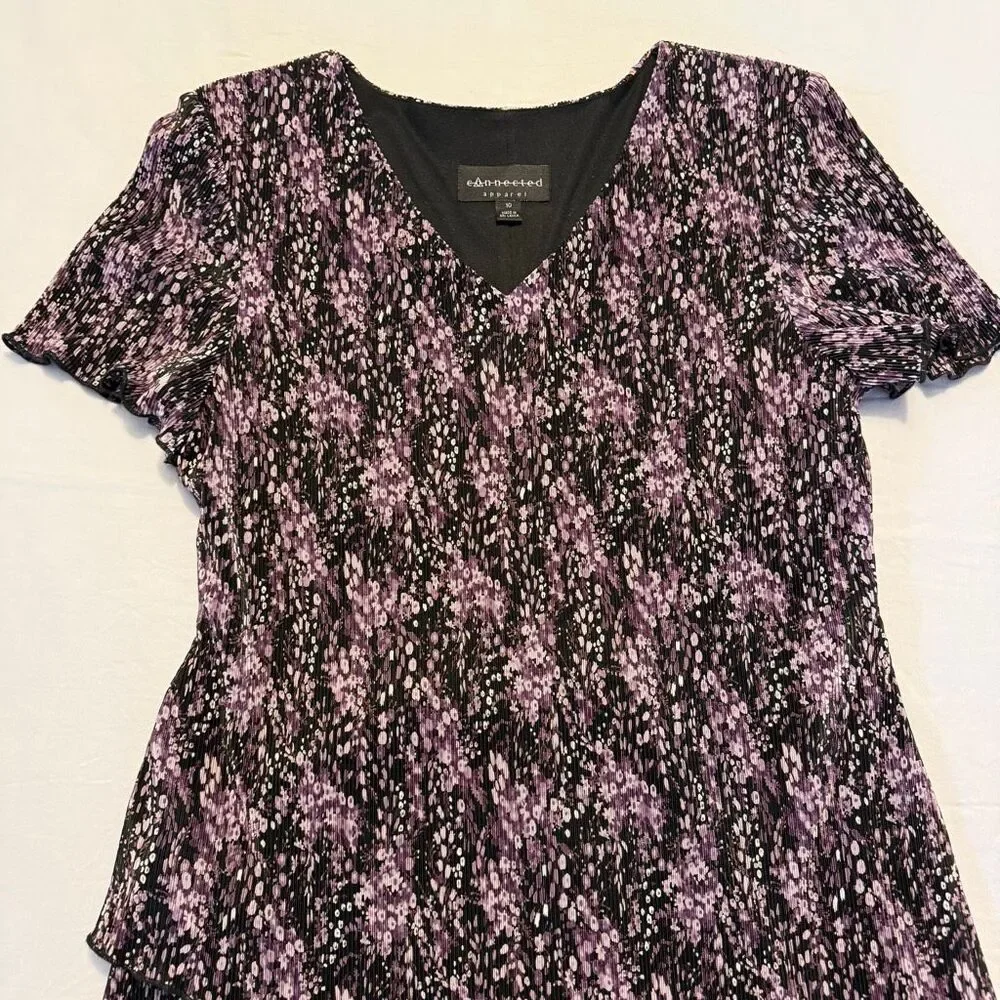 Connected Apparel Purple Abstract Tiered Dress | Pleated Midi | Size 10 NWT